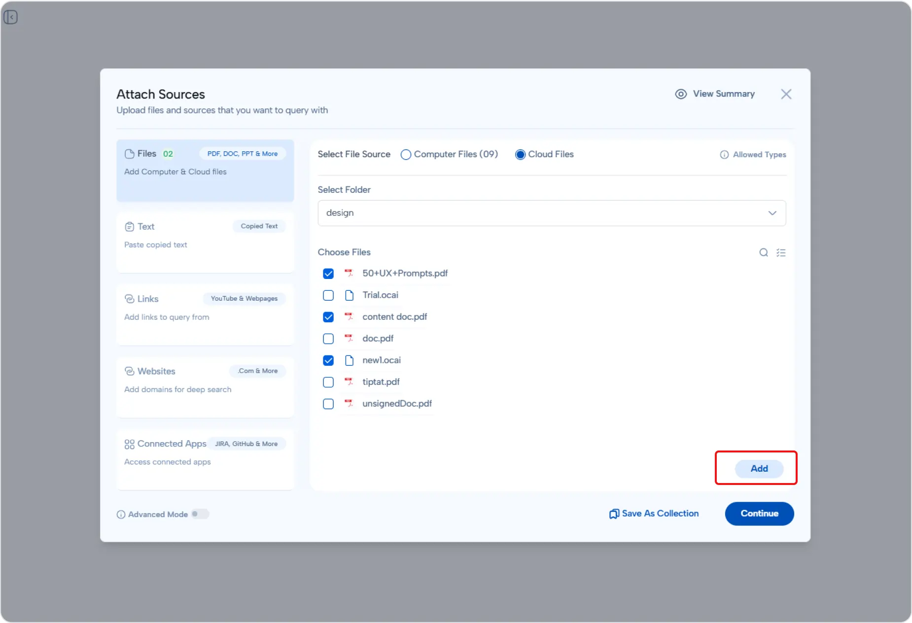 Add Cloud Files Dialog