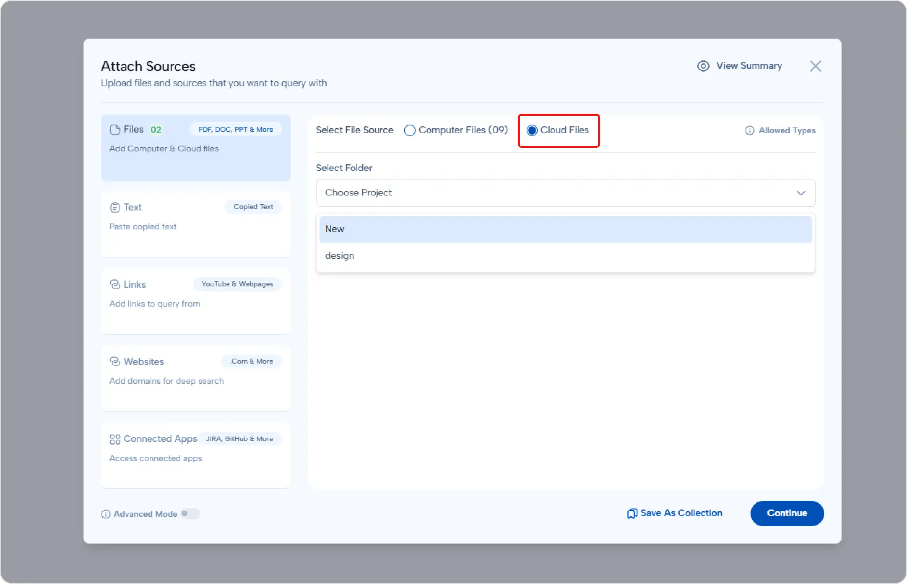 Attach Sources Cloud Dialog