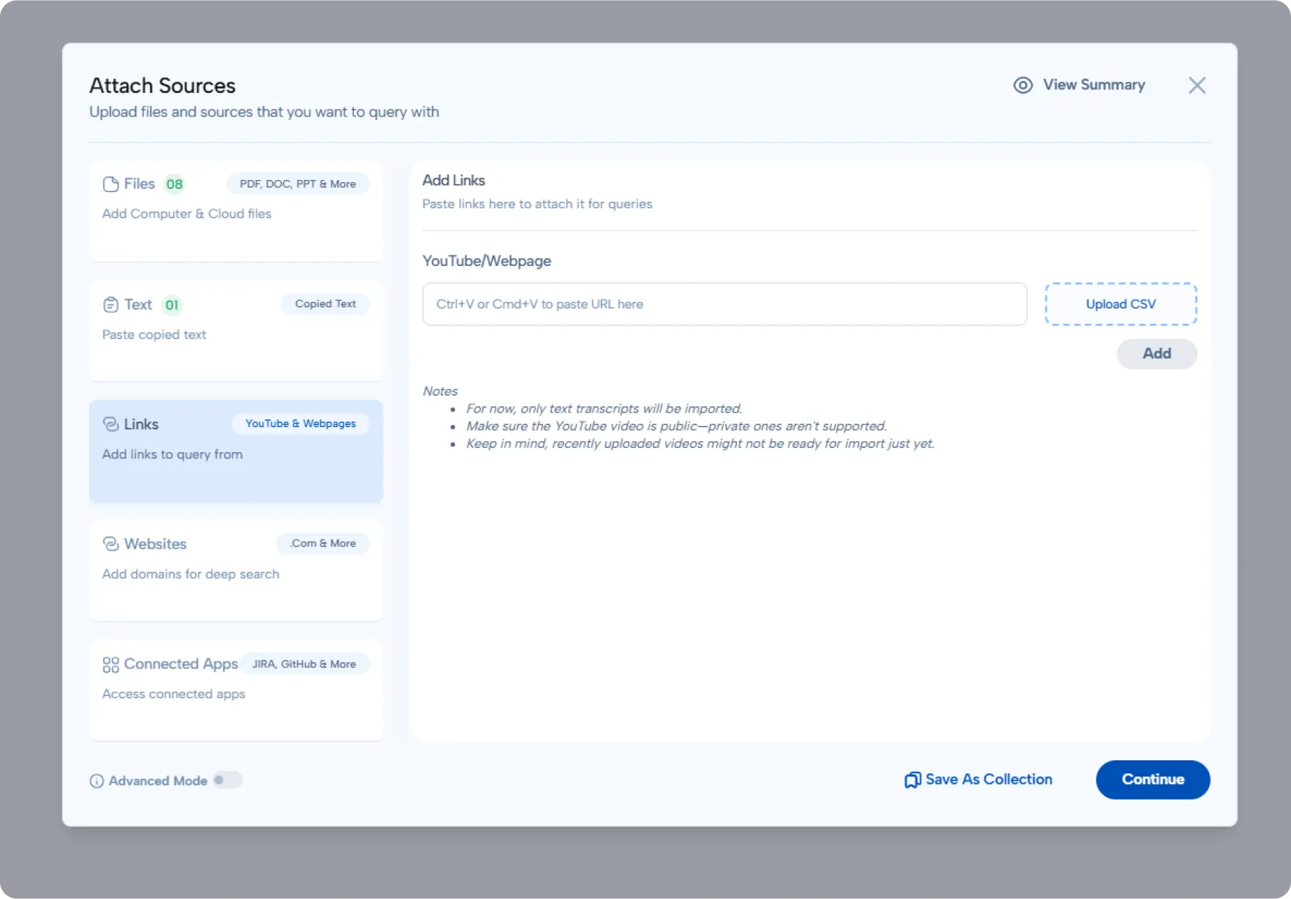 Bulk Upload Links Dialog