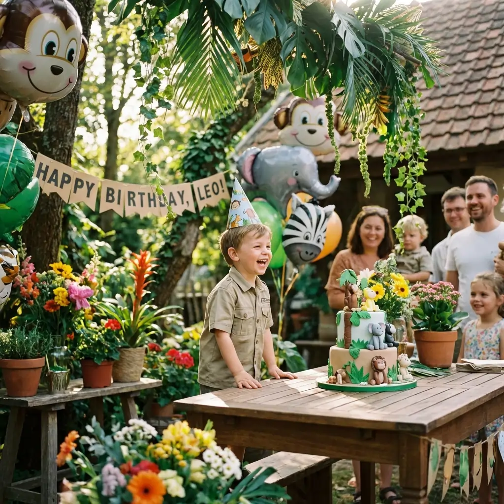 Joyful outdoor jungle-themed birthday party for a boy named Leo with animal balloons and tropical foliage