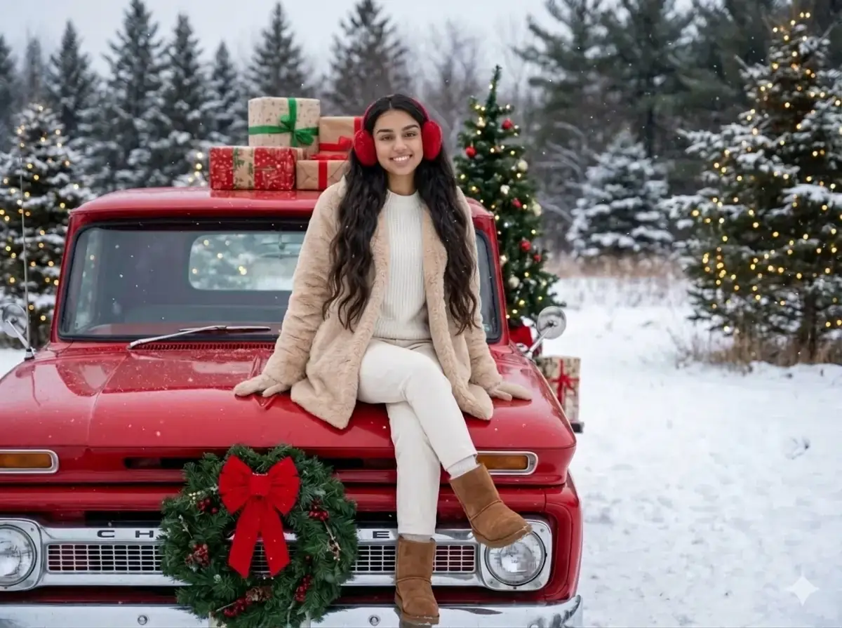 Cozy snowy winter scene with woman in beige fur coat sitting on vintage red car hood with Christmas decorations