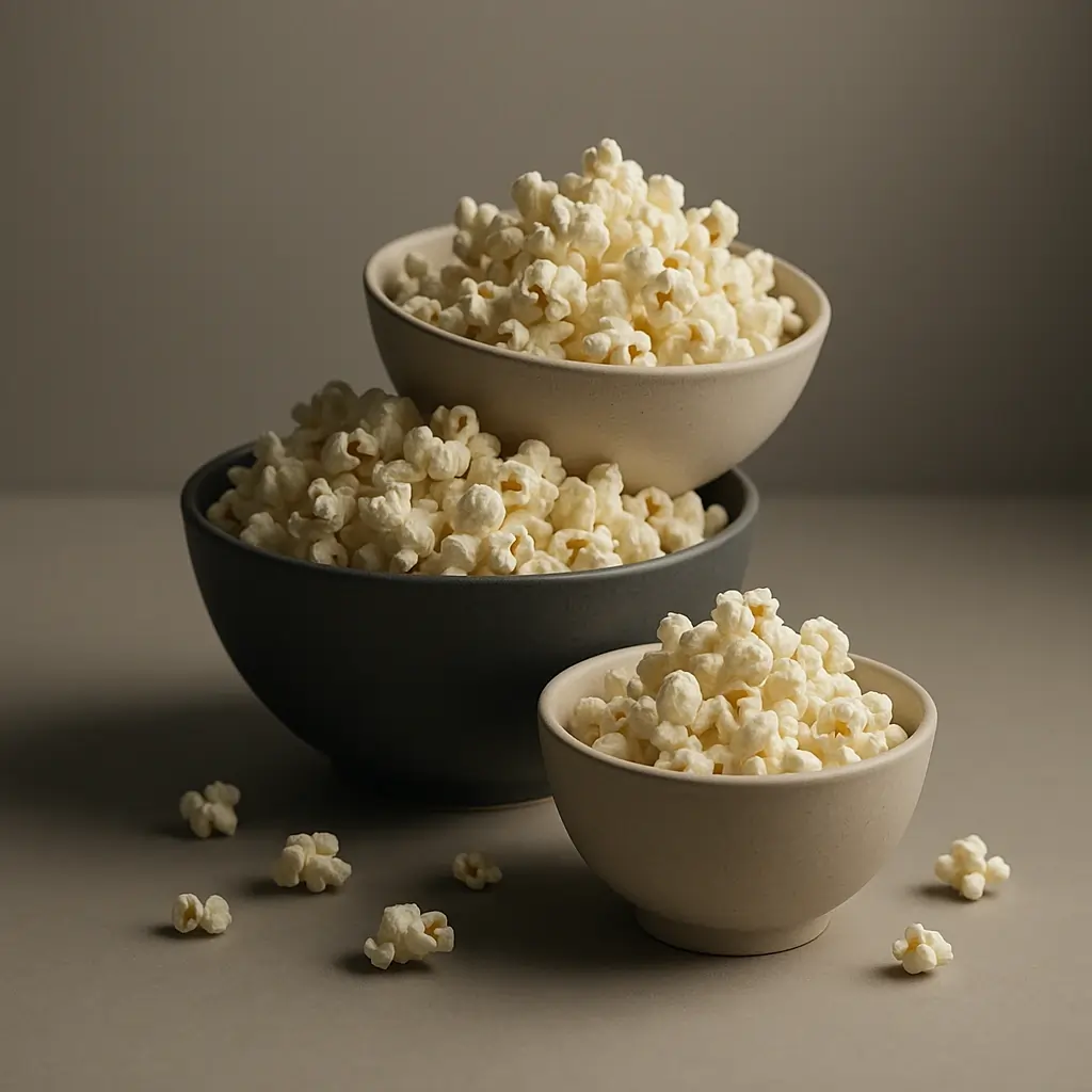 Minimalist studio still life of three modern bowls filled with popcorn in stacked composition with scattered pieces