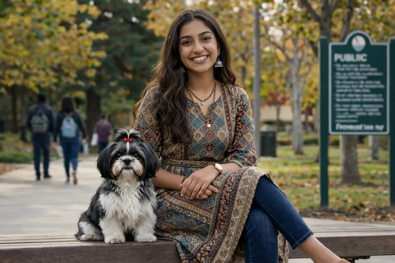 An Indian American woman in an Indian outfit with a Shih Tzu dog smiling sitting on a bench in the park